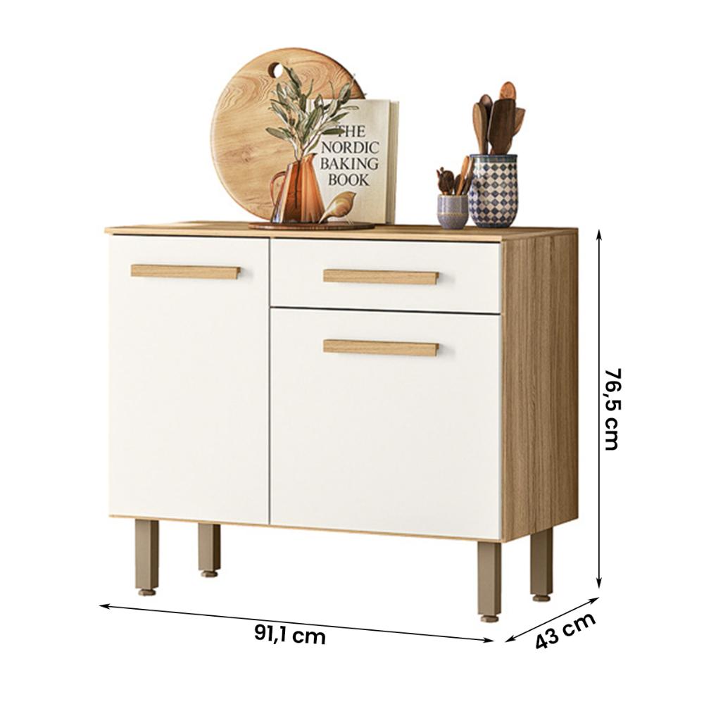 Balcão para Cozinha Lemon com 2 portas e 1 Gaveta 91 cm Freijo/Off White