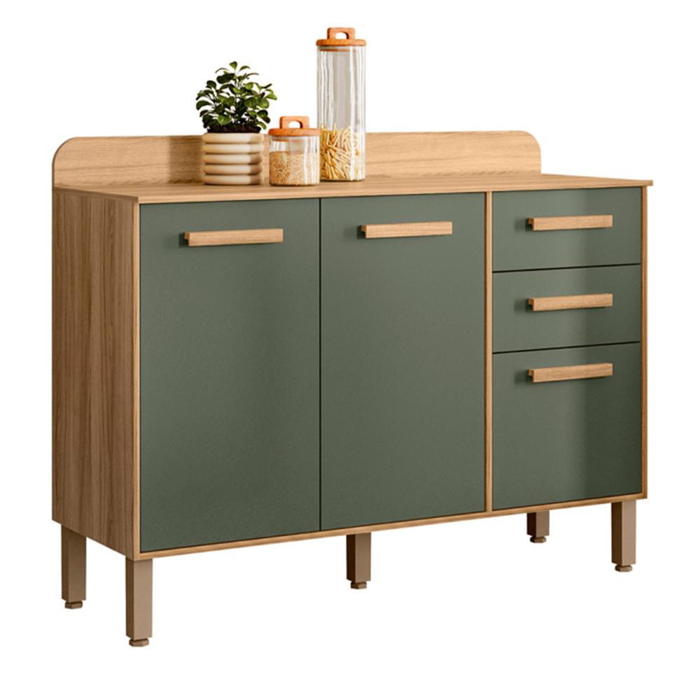 Balcão para Cozinha Maria Flor com 3 Portas e 2 Gavetas Freijo/Verde
