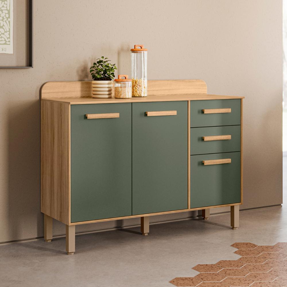 Balcão para Cozinha Maria Flor com 3 Portas e 2 Gavetas Freijo/Verde