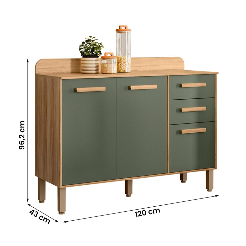 Balcão para Cozinha Maria Flor com 3 Portas e 2 Gavetas Freijo/Verde
