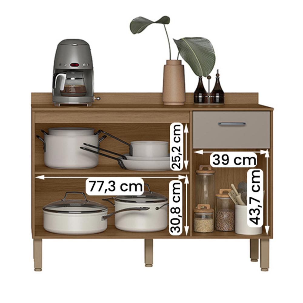 Balcão para Cozinha Paolla com Tampo 3 portas e 1 Gaveta Ipe/Fendy