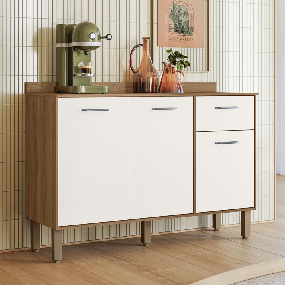Balcão para Cozinha Paolla com Tampo 3 portas e 1 Gaveta Ipe/Off White