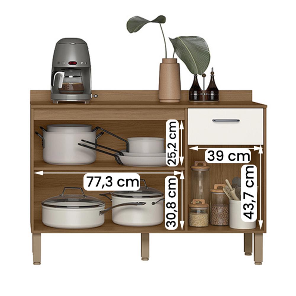 Balcão para Cozinha Paolla com Tampo 3 portas e 1 Gaveta Ipe/Off White