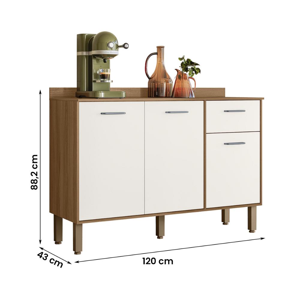 Balcão para Cozinha Paolla com Tampo 3 portas e 1 Gaveta Ipe/Off White