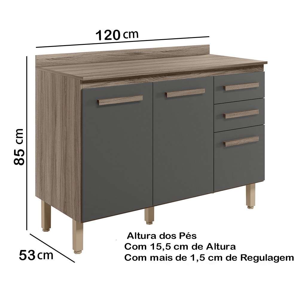 Balcao 03 PT 120cm Com Tampo 16988 Carvalho Nature Chumbo Nicioli