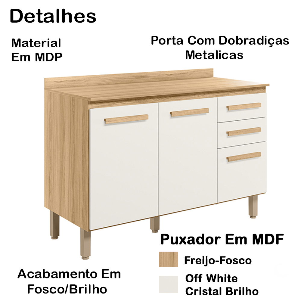 Balcao 03 PT 120cm Com Tampo 16988 Freijo Off White Cristal Nicioli