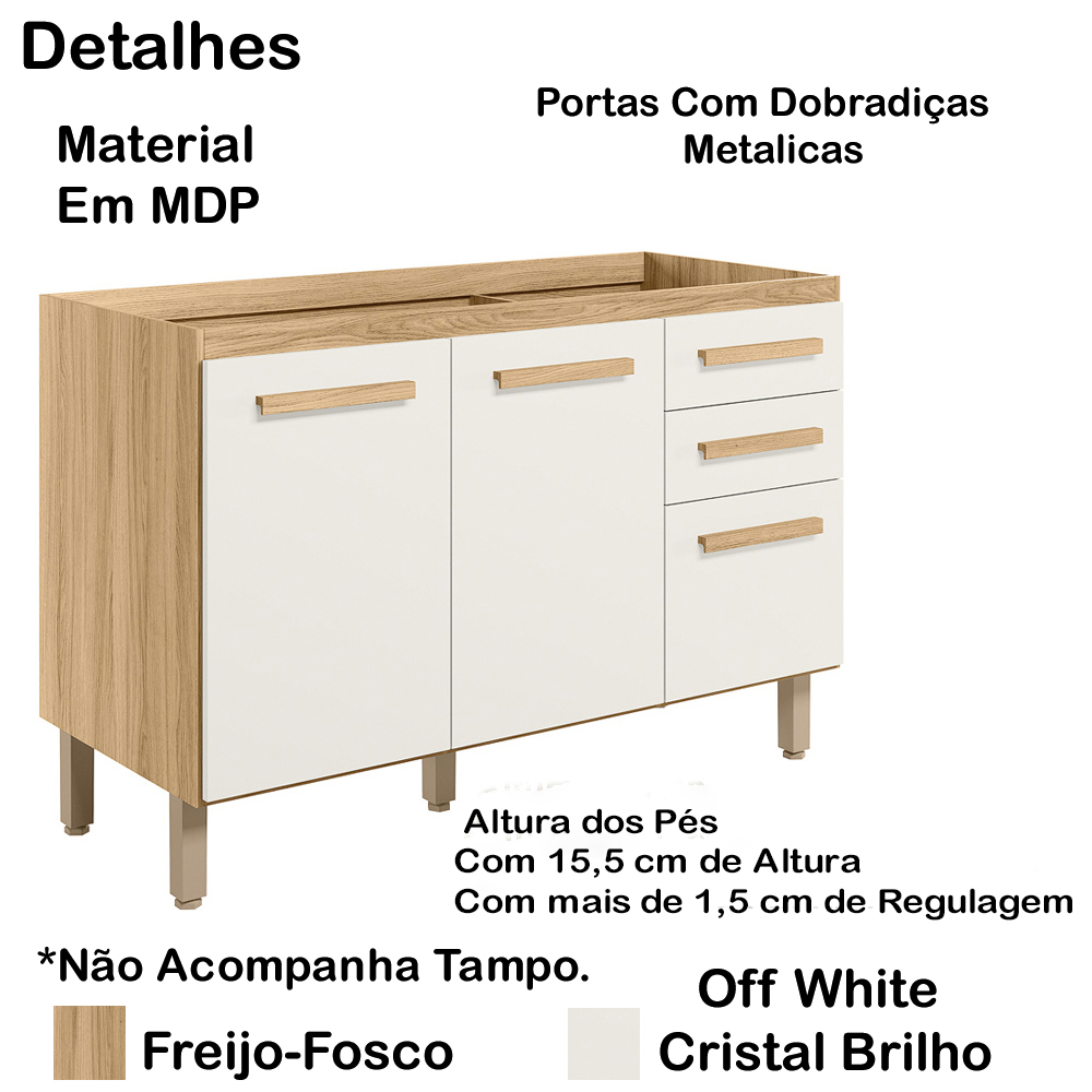 Balcao 03 Portas 120cm Sem Tampo 16988 Freijo Off White Cristal Nicioli