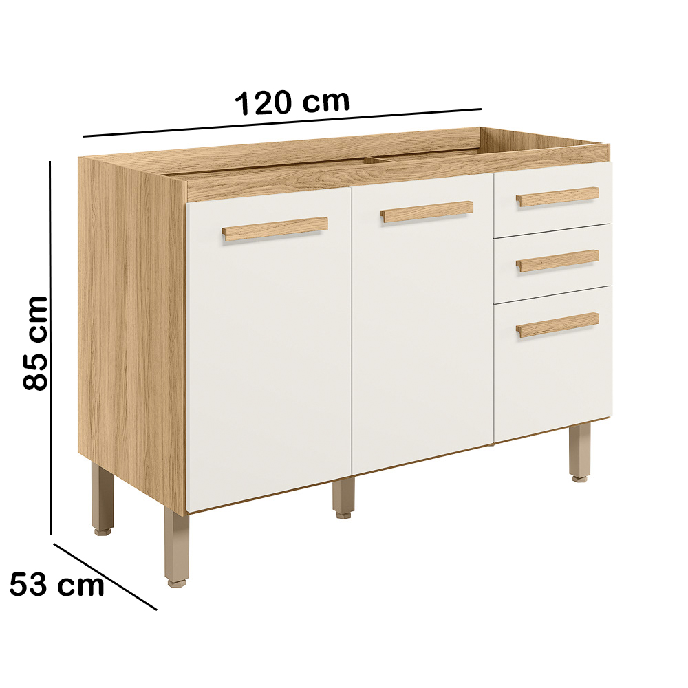Balcao 03 Portas 120cm Sem Tampo 16988 Freijo Off White Cristal Nicioli