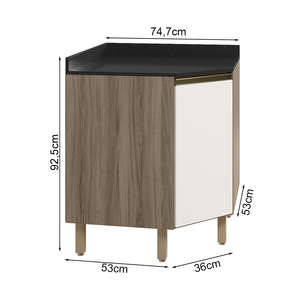 Balcao Canto Obliquo Tampo MDF Kali 12222 Carvalho Toq Off White Cetim Nicioli