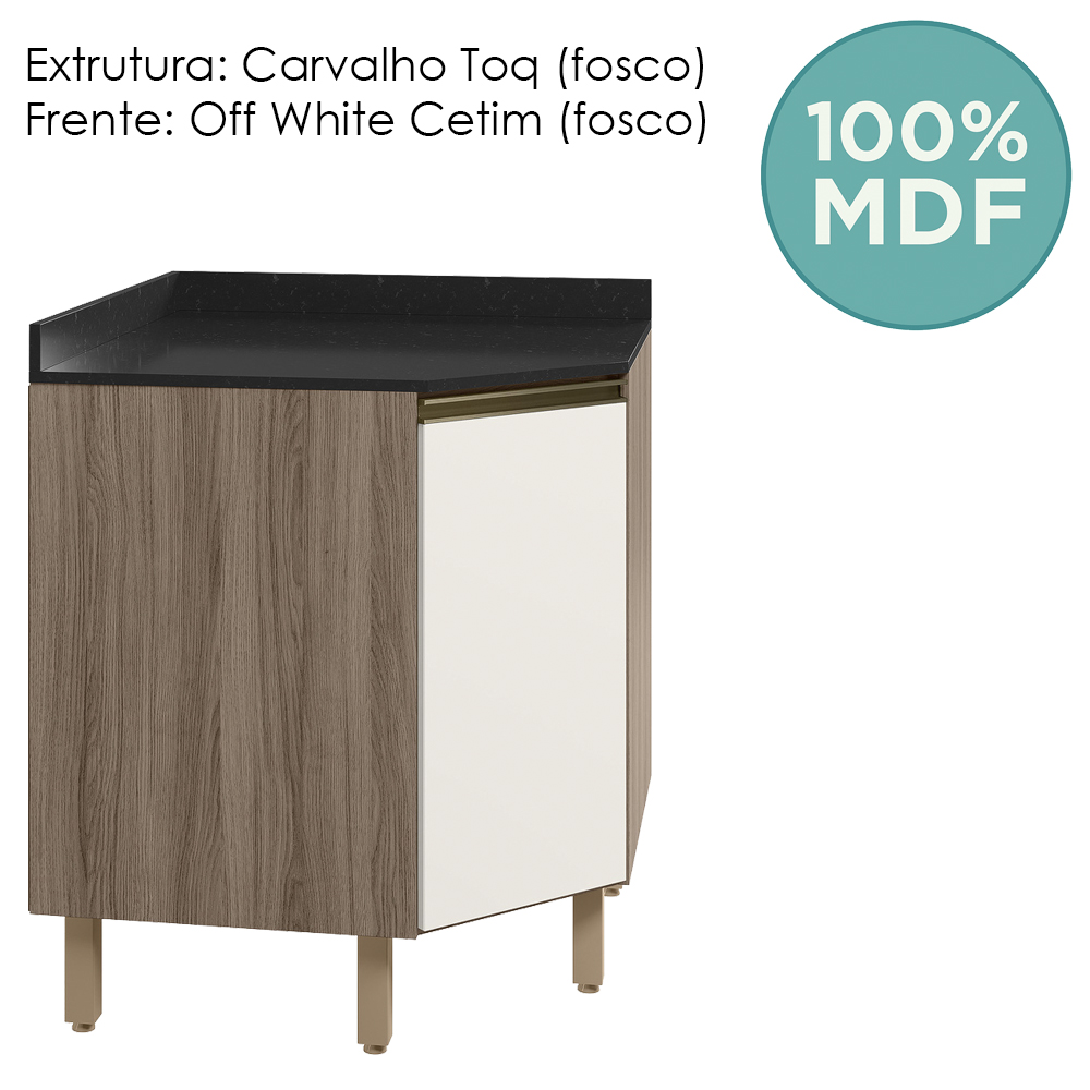 Balcao Canto Obliquo Tampo MDF Kali 12222 Carvalho Toq Off White Cetim Nicioli