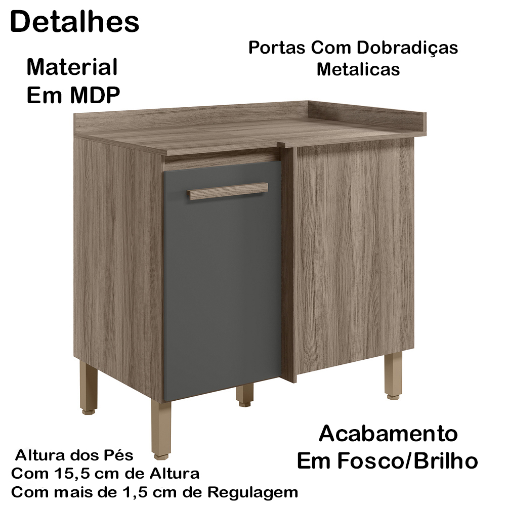 Balcao Canto Reto 89 cm Com Tampo 16990 Carvalho Nature Chumbo Nicioli