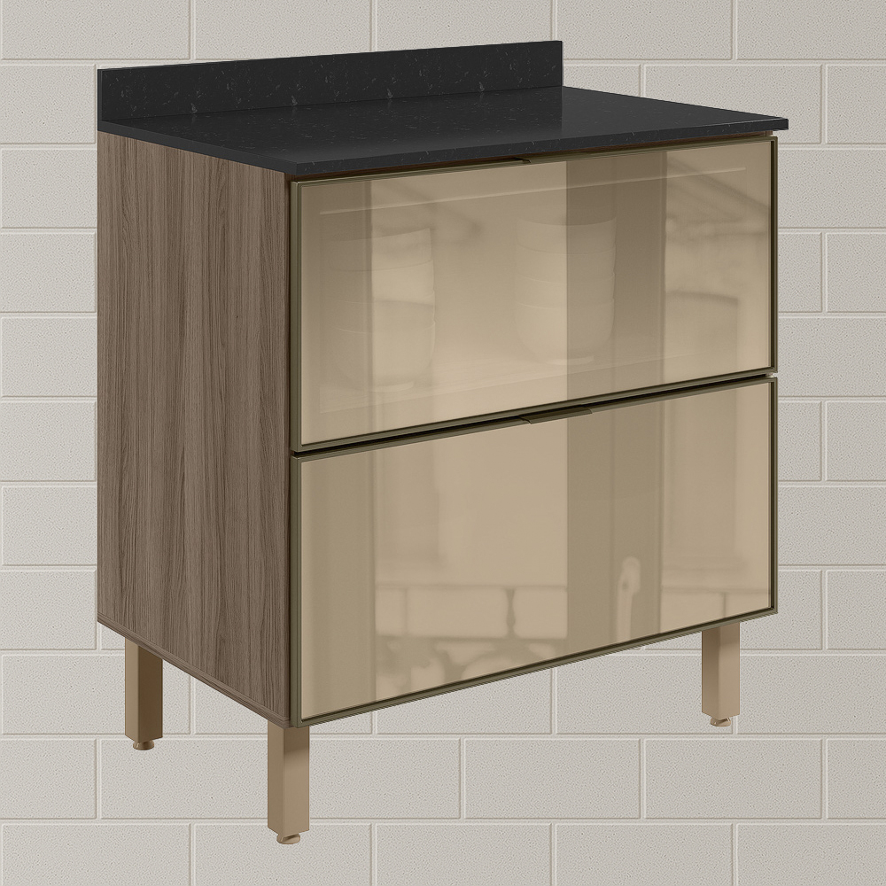 Balcao Com Tampo 2 Gavetoes Vidro 80 cm MDF Kali 16412 Carvalho Toq Nicioli