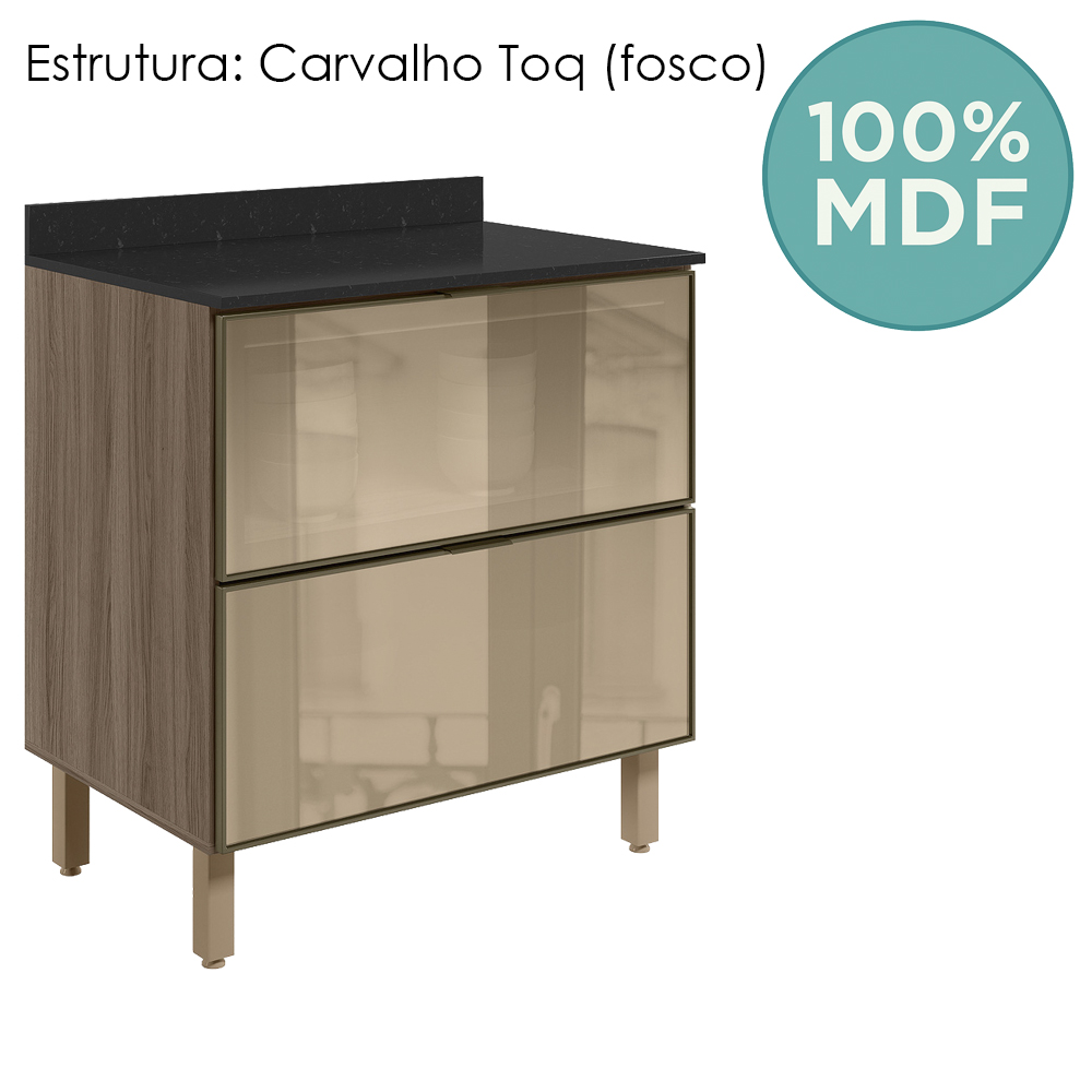 Balcao Com Tampo 2 Gavetoes Vidro 80 cm MDF Kali 16412 Carvalho Toq Nicioli