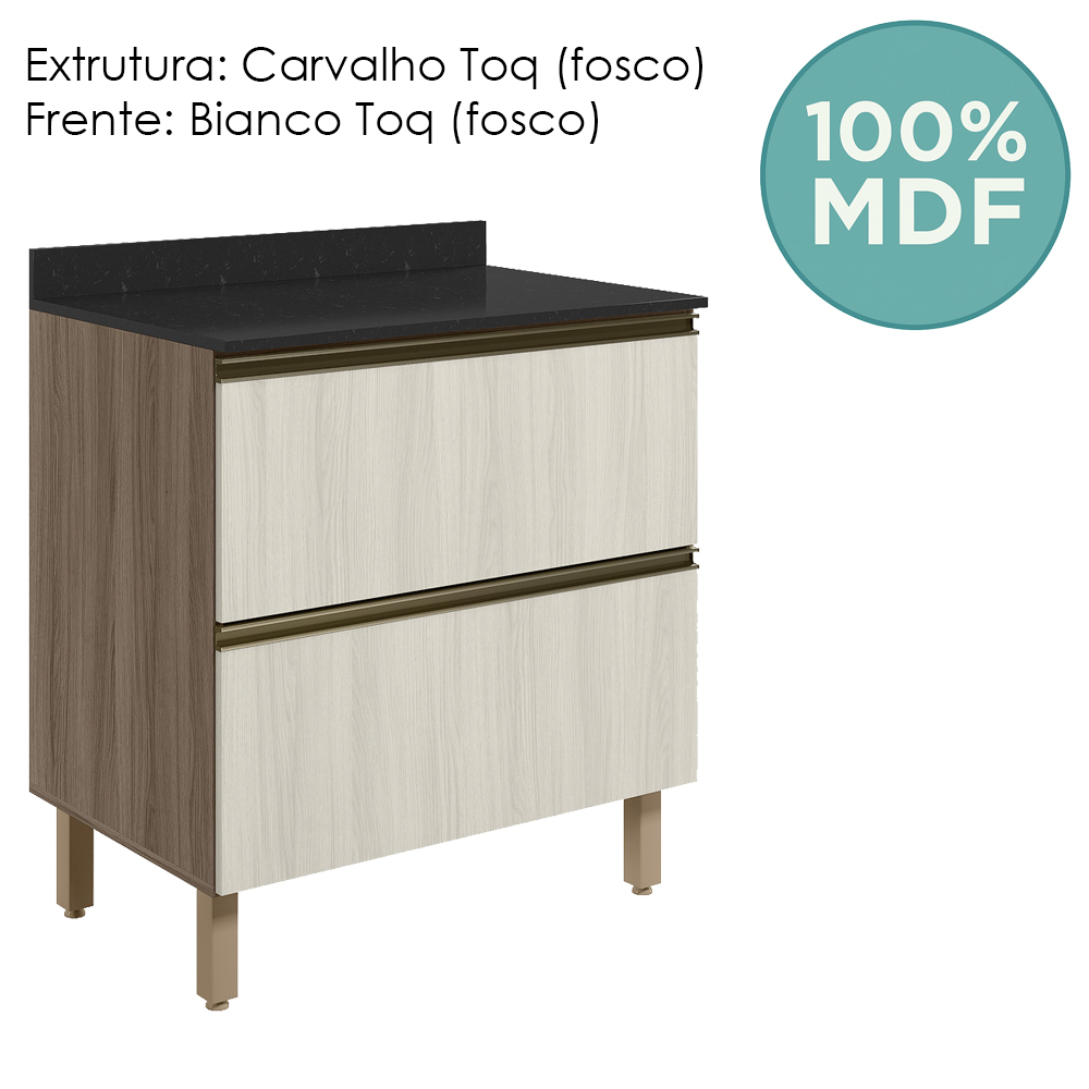 Balcao Com Tampo 2G 80cm MDF Kali 16412 Carvalho Toq Bianco Toq Nicioli