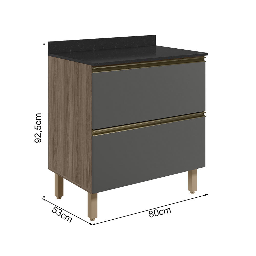 Balcao Com Tampo 2G 80cm MDF Kali 16412 Carvalho Toq Chumbo Nicioli