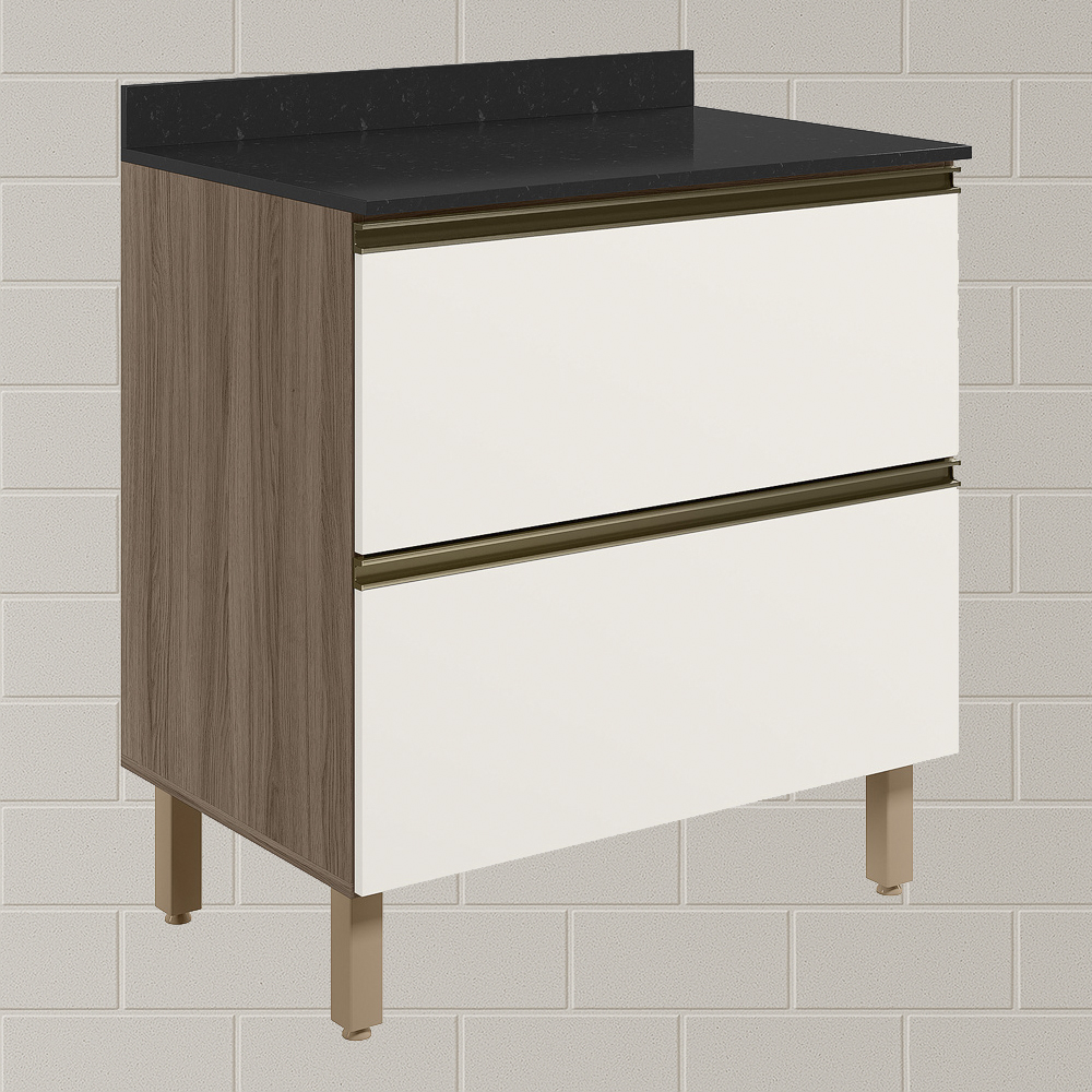 Balcao Com Tampo 2G 80cm MDF Kali 16412 Carvalho Toq Off White Cetim Nicioli