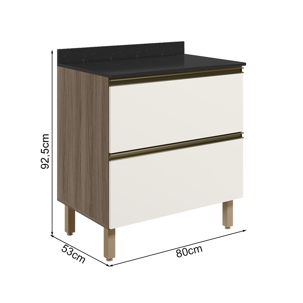 Balcao Com Tampo 2G 80cm MDF Kali 16412 Carvalho Toq Off White Cetim Nicioli
