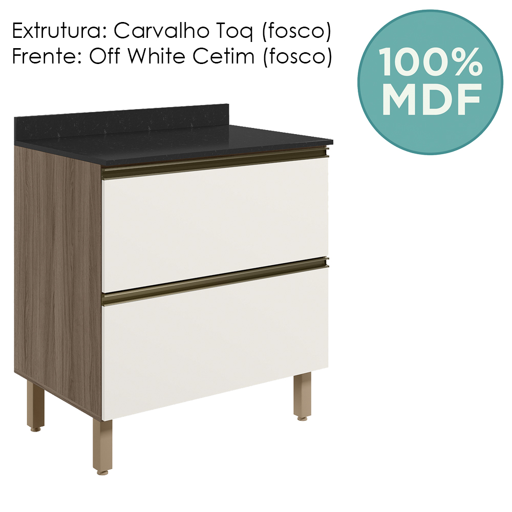 Balcao Com Tampo 2G 80cm MDF Kali 16412 Carvalho Toq Off White Cetim Nicioli