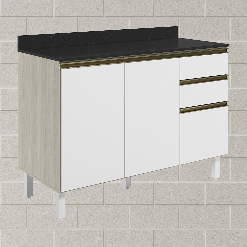 Balcao Com Tampo 2P 3G 120cm MDF Kali 16417 Bianco Toq Branco Uv Nicioli