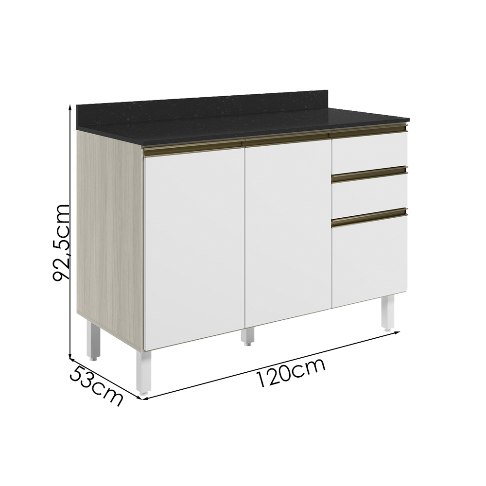 Balcao Com Tampo 2P 3G 120cm MDF Kali 16417 Bianco Toq Branco Uv Nicioli