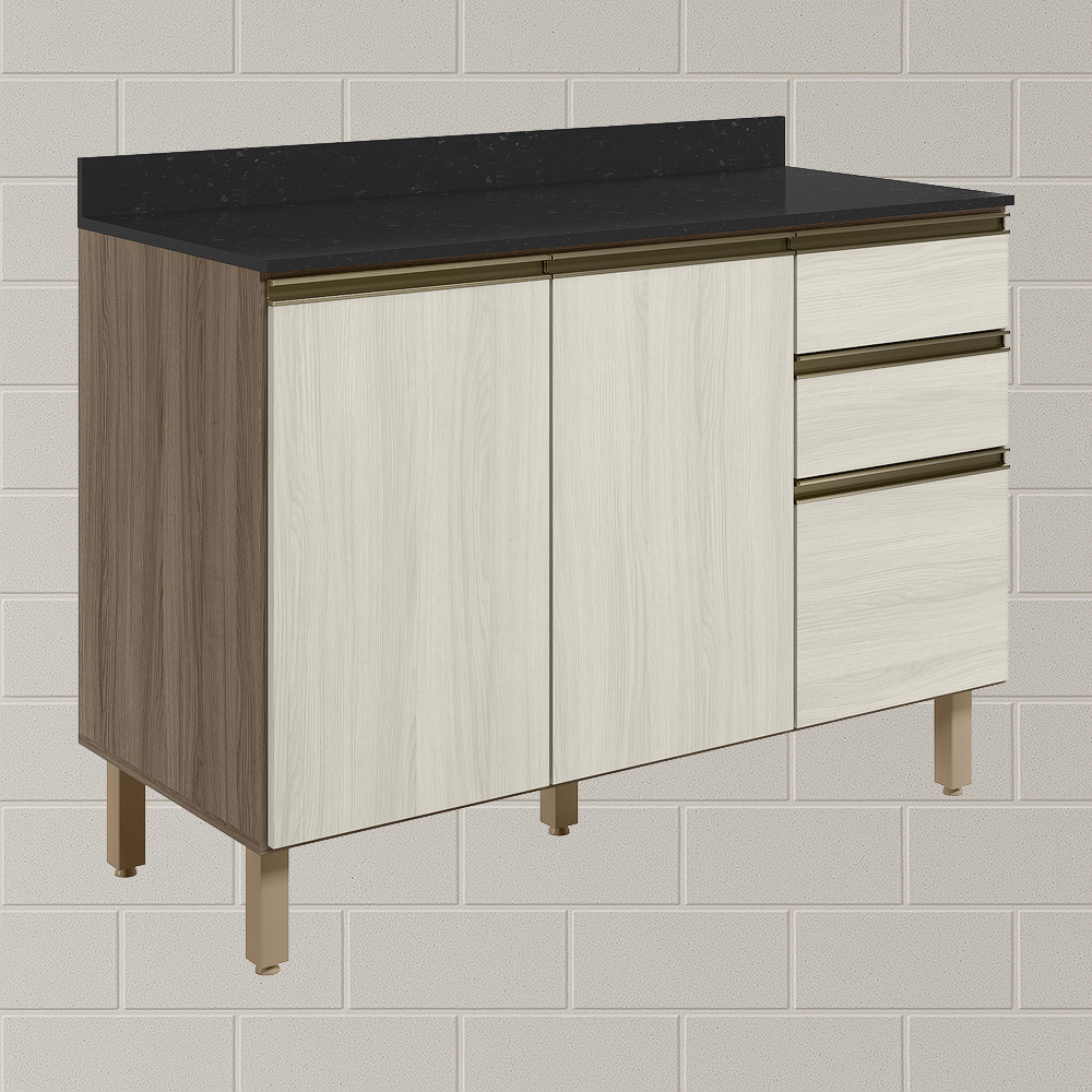 Balcao Com Tampo 2P 3G 120cm MDF Kali 16417 Carvalho Toq Bianco Toq Nicioli