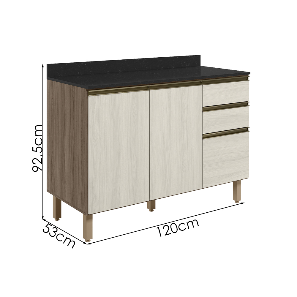 Balcao Com Tampo 2P 3G 120cm MDF Kali 16417 Carvalho Toq Bianco Toq Nicioli