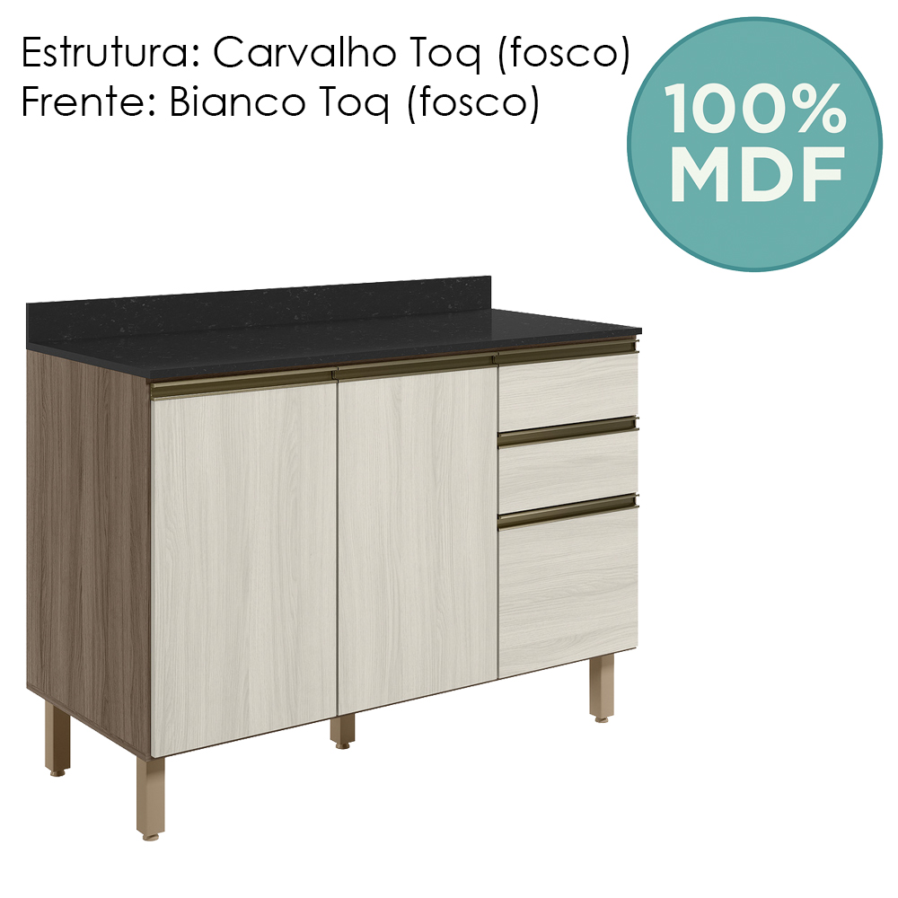 Balcao Com Tampo 2P 3G 120cm MDF Kali 16417 Carvalho Toq Bianco Toq Nicioli