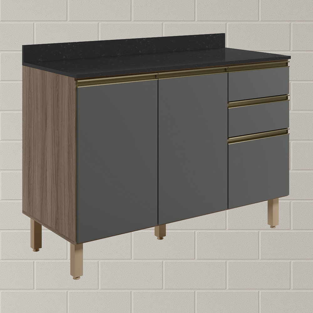Balcao Com Tampo 2P 3G 120cm MDF Kali 16417 Carvalho Toq Chumbo Nicioli
