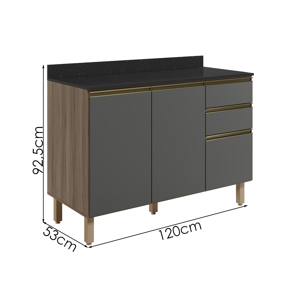 Balcao Com Tampo 2P 3G 120cm MDF Kali 16417 Carvalho Toq Chumbo Nicioli