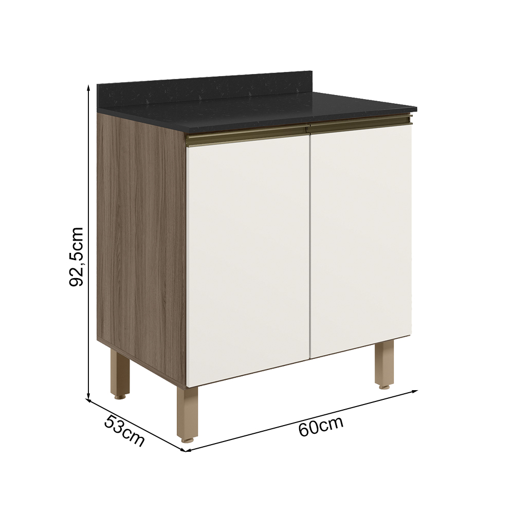 Balcao Com Tampo 2P 60 cm MDF Kali 12220 Carvalho Toq Off White Cetim Nicioli