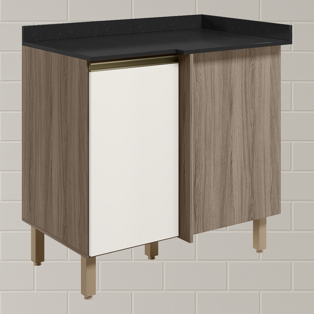 Balcao Com Tampo Canto Reto MDF Kali 12227 Carvalho Toq Off White Cetim Nicioli