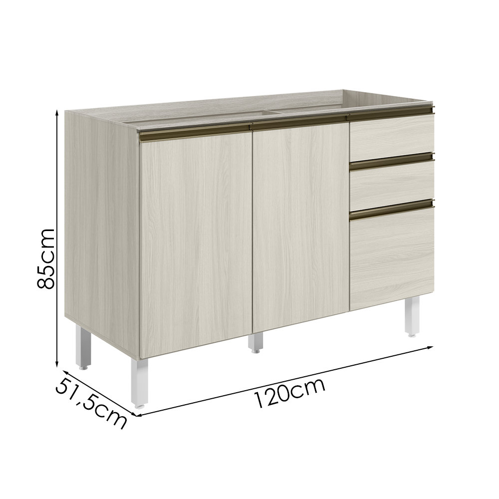 Balcao Para Pia 2P 3G 120cm MDF Kali 16417 Bianco Toq Bianco Toq Nicioli