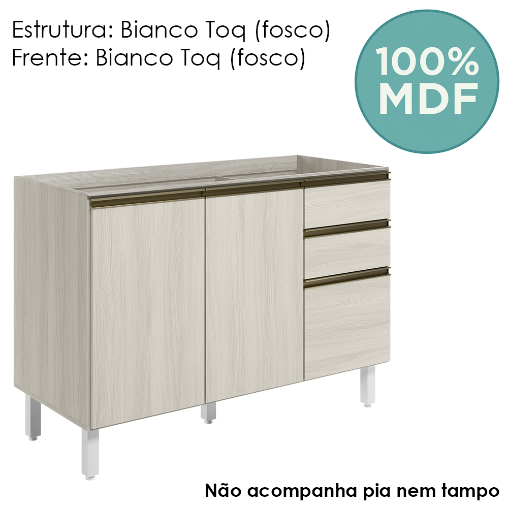 Balcao Para Pia 2P 3G 120cm MDF Kali 16417 Bianco Toq Bianco Toq Nicioli