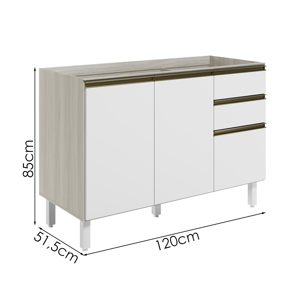Balcao Para Pia 2P 3G 120cm MDF Kali 16417 Bianco Toq Branco Uv Nicioli