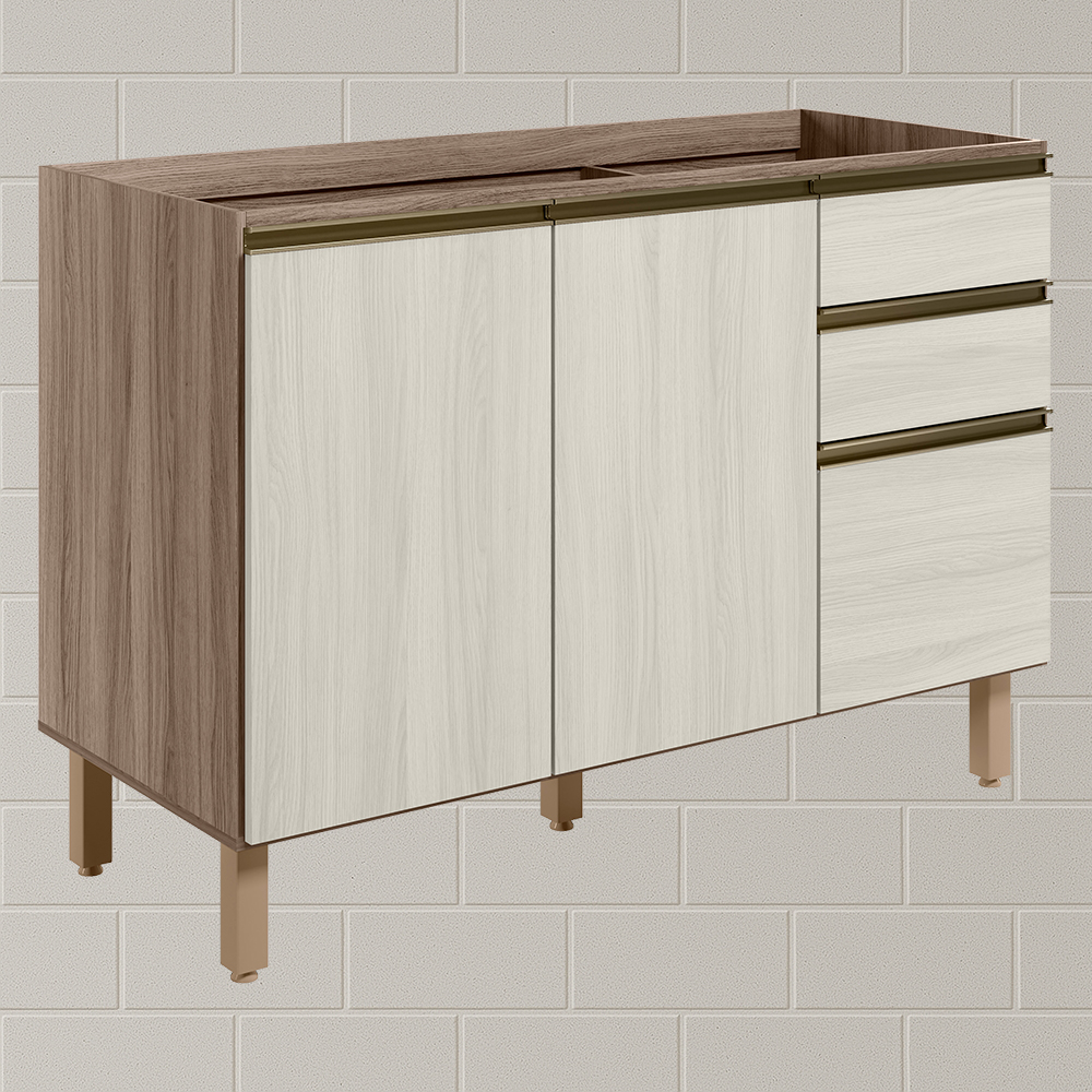 Balcao Para Pia 2P 3G 120cm MDF Kali 16417 Carvalho Toq Bianco Toq Nicioli
