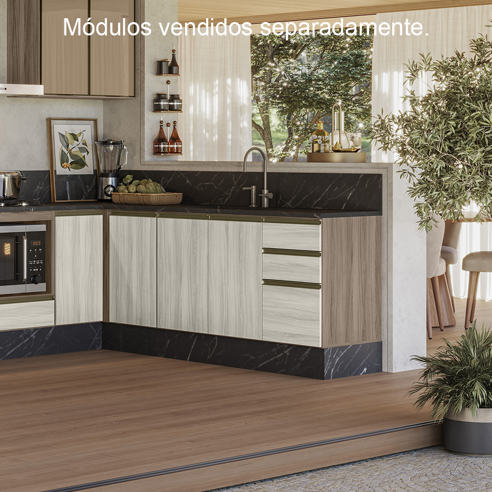 Balcao Para Pia 2P 3G 120cm MDF Kali 16417 Carvalho Toq Bianco Toq Nicioli