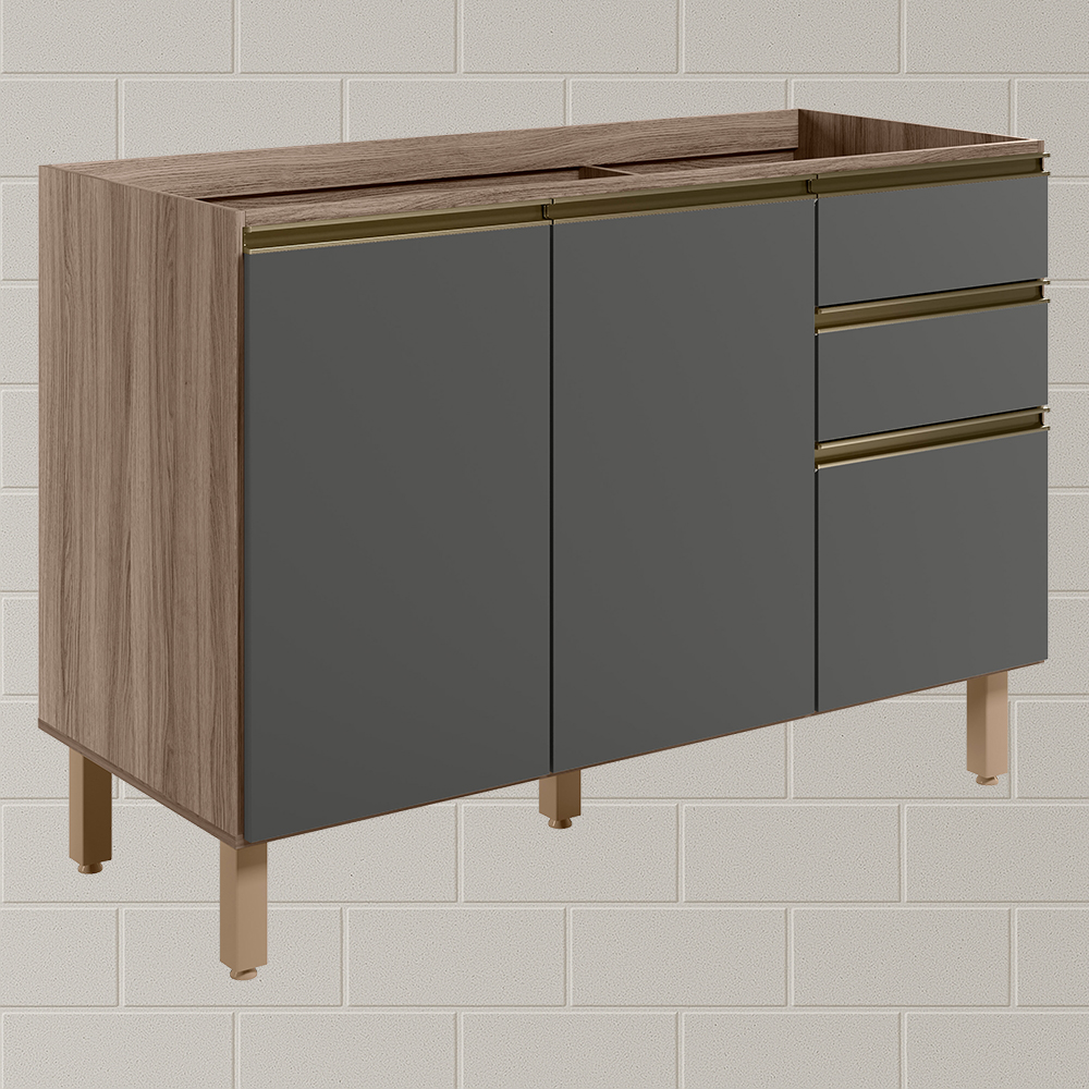 Balcao Para Pia 2P 3G 120cm MDF Kali 16417 Carvalho Toq Chumbo Nicioli