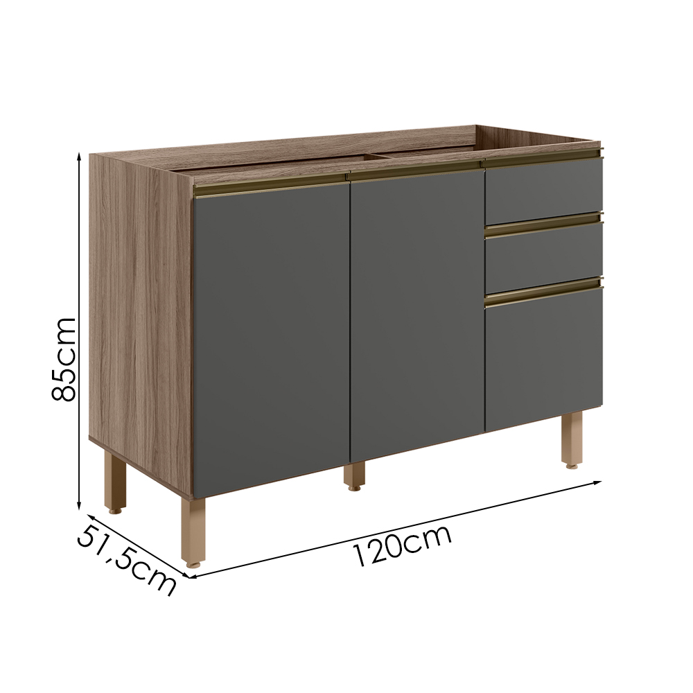 Balcao Para Pia 2P 3G 120cm MDF Kali 16417 Carvalho Toq Chumbo Nicioli
