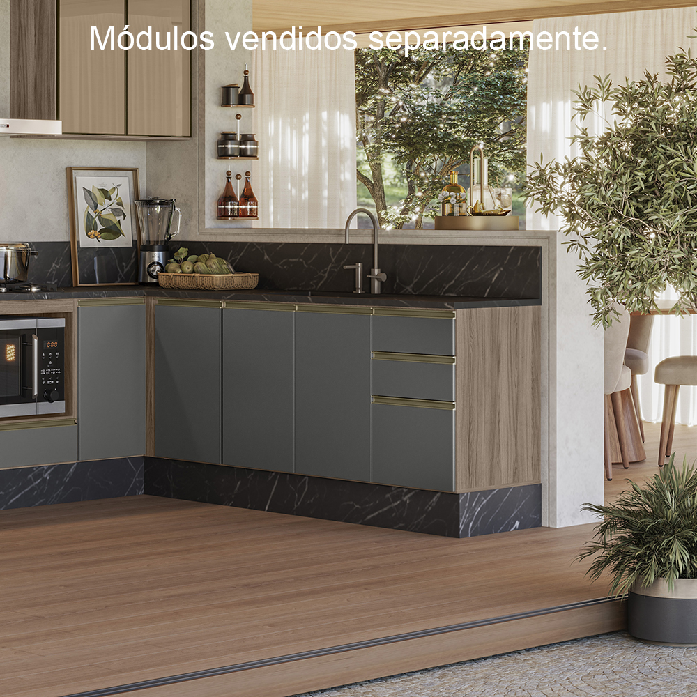 Balcao Para Pia 2P 3G 120cm MDF Kali 16417 Carvalho Toq Chumbo Nicioli
