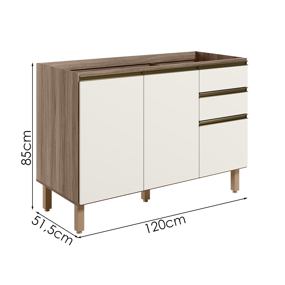 Balcao Para Pia 2P 3G 120cm MDF Kali 16417 Carvalho Toq Off White Cetim Nicioli