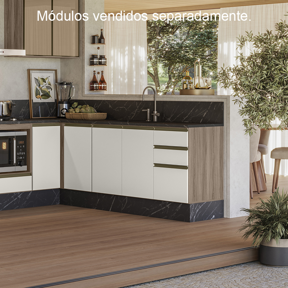 Balcao Para Pia 2P 3G 120cm MDF Kali 16417 Carvalho Toq Off White Cetim Nicioli