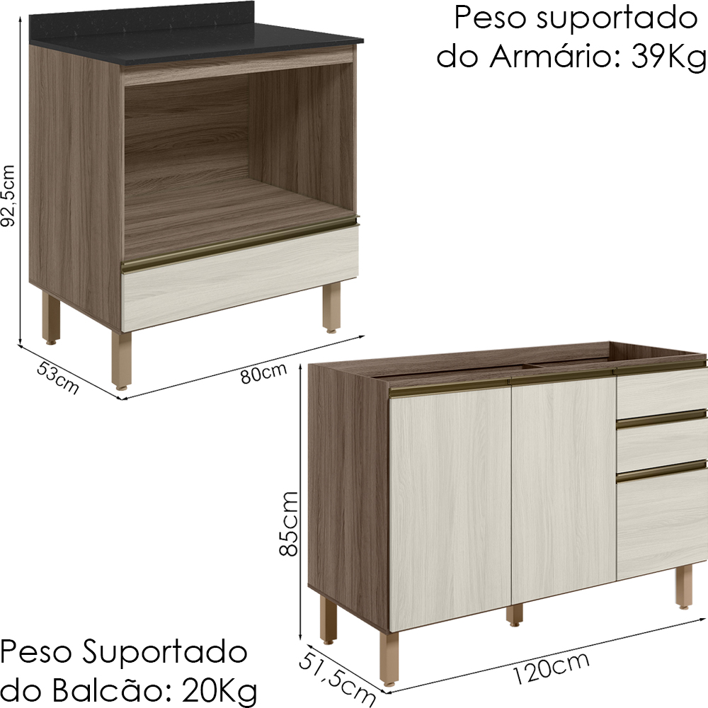 Balcao Pia e Balcao Forno MDF Kali Carvalho Toq Bianco Toq Nicioli