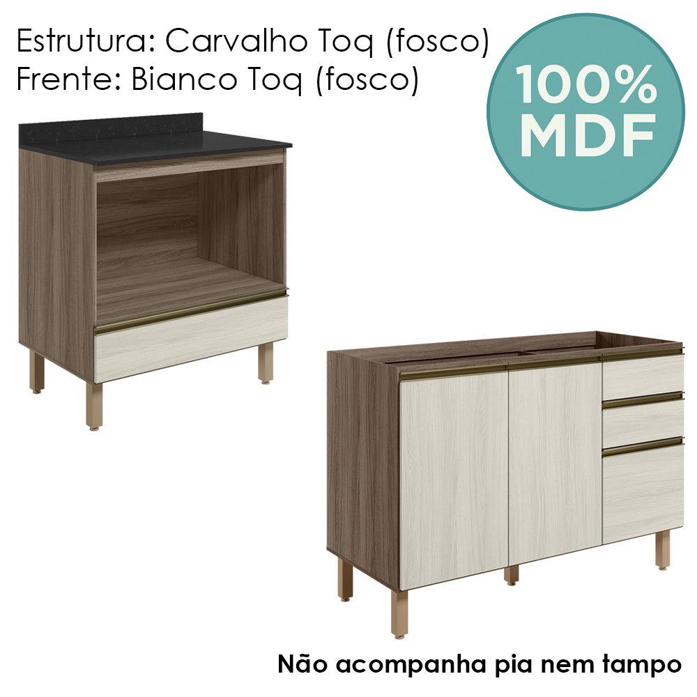 Balcao Pia e Balcao Forno MDF Kali Carvalho Toq Bianco Toq Nicioli