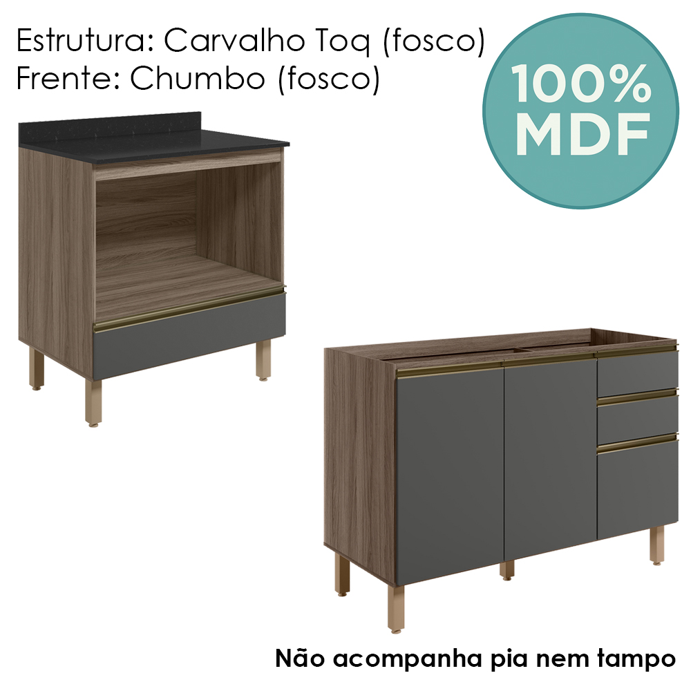 Balcao Pia e Balcao Forno MDF Kali Carvalho Toq Chumbo Nicioli