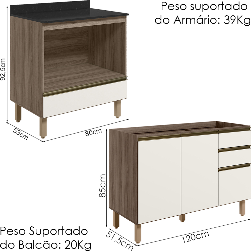 Balcao Pia e Balcao Forno MDF Kali Carvalho Toq Off White Cetim Nicioli