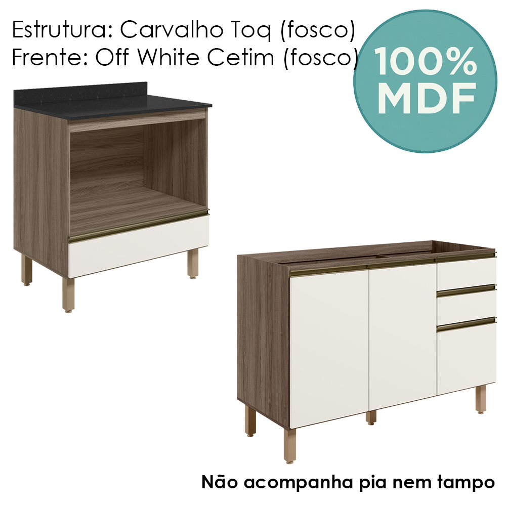 Balcao Pia e Balcao Forno MDF Kali Carvalho Toq Off White Cetim Nicioli