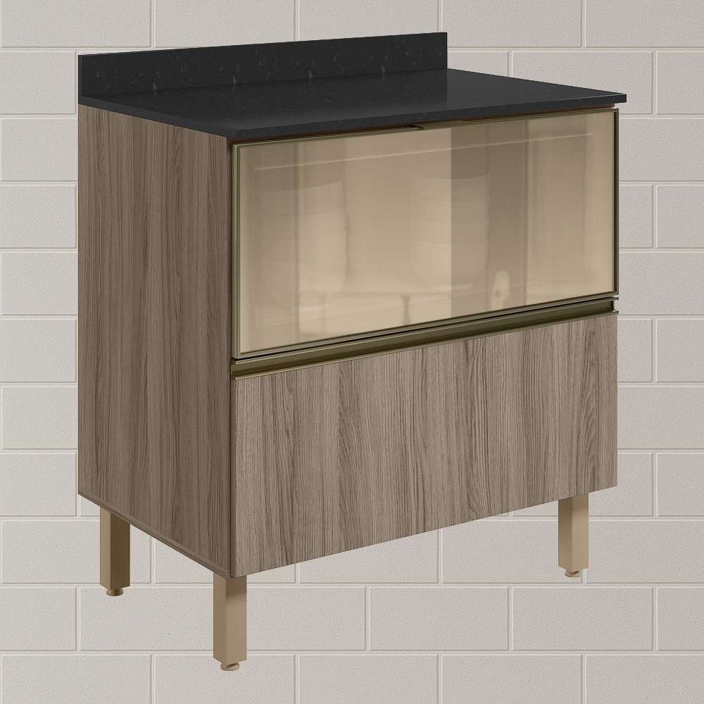 Balcao Tampo 2G Vidro 80cm MDF Kali 16415 Carvalho Toq Carvalho Toq Nicioli
