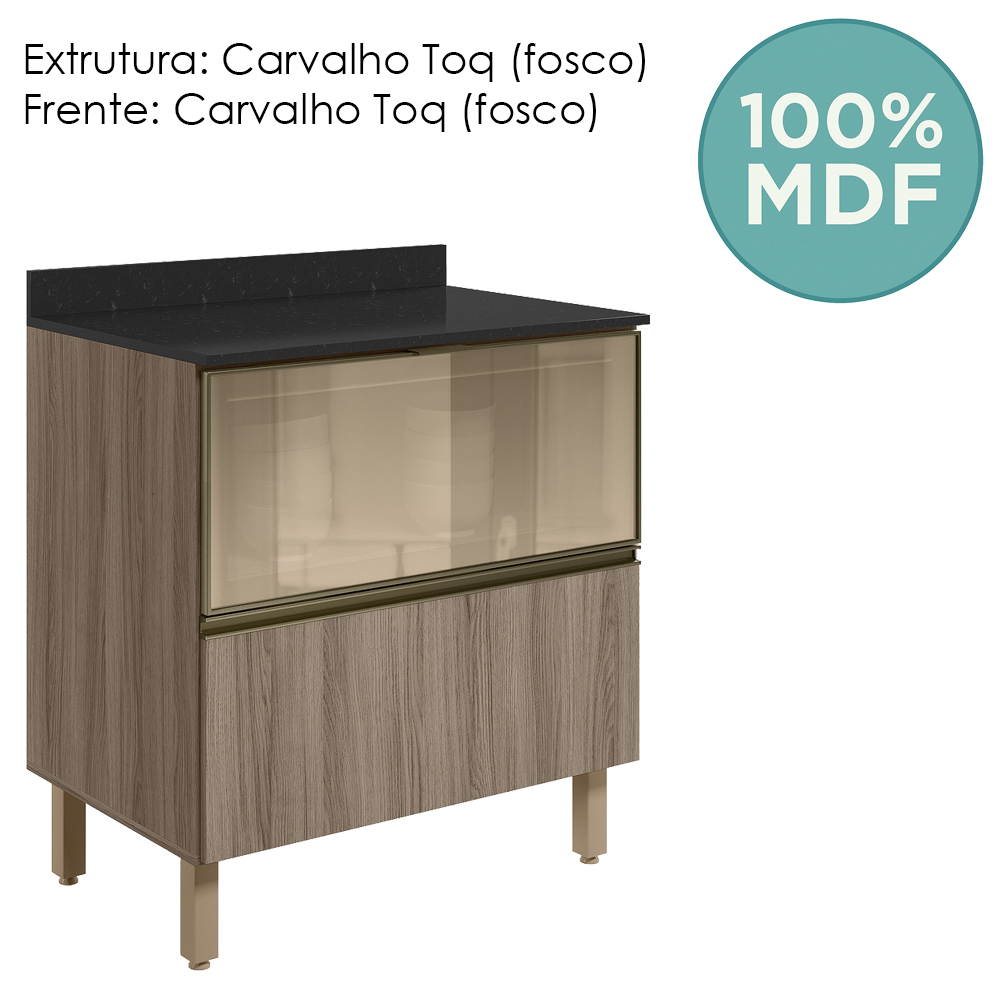 Balcao Tampo 2G Vidro 80cm MDF Kali 16415 Carvalho Toq Carvalho Toq Nicioli