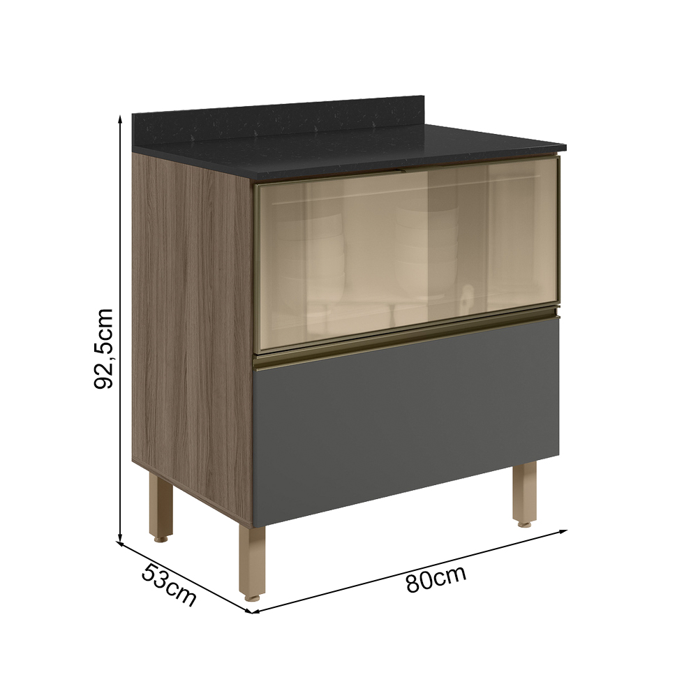 Balcao Tampo 2G Vidro 80cm MDF Kali 16415 Carvalho Toq Chumbo Nicioli