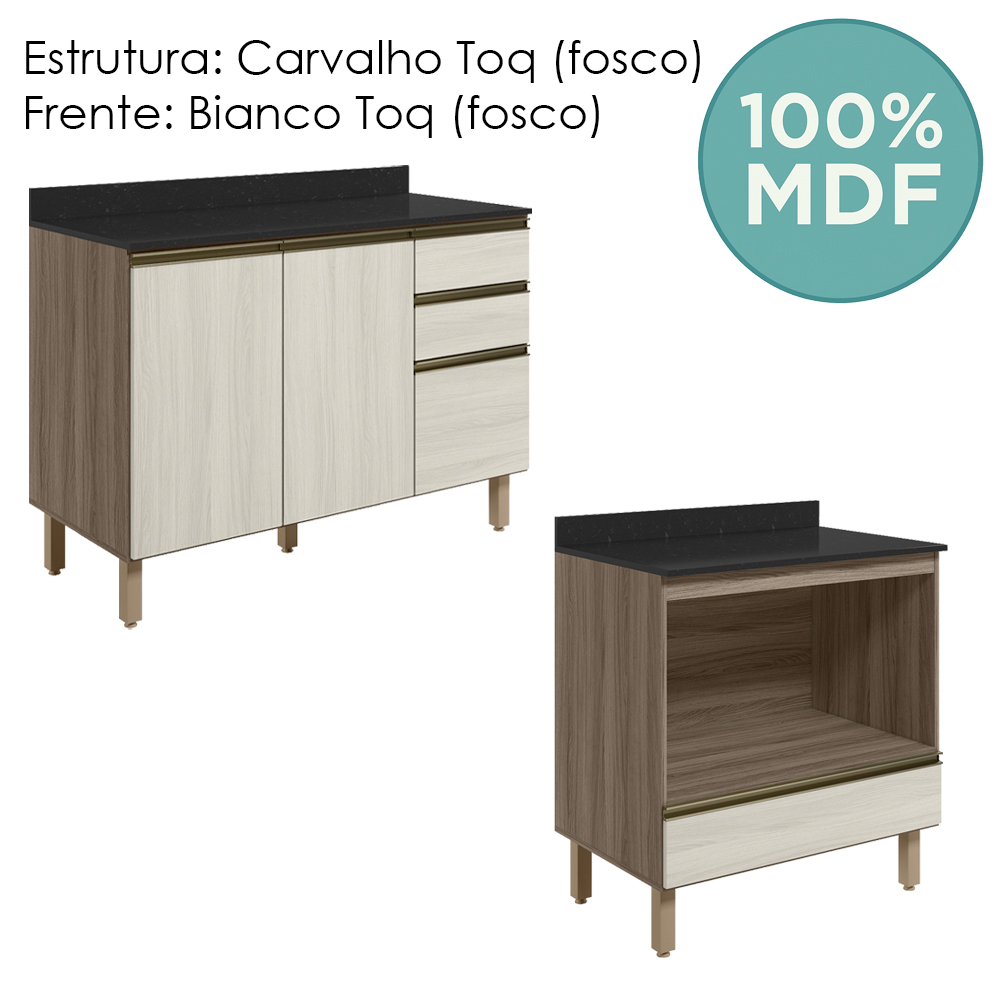 Balcao com Tampo e Balcao Forno MDF Kali Carvalho Toq Bianco Toq Nicioli
